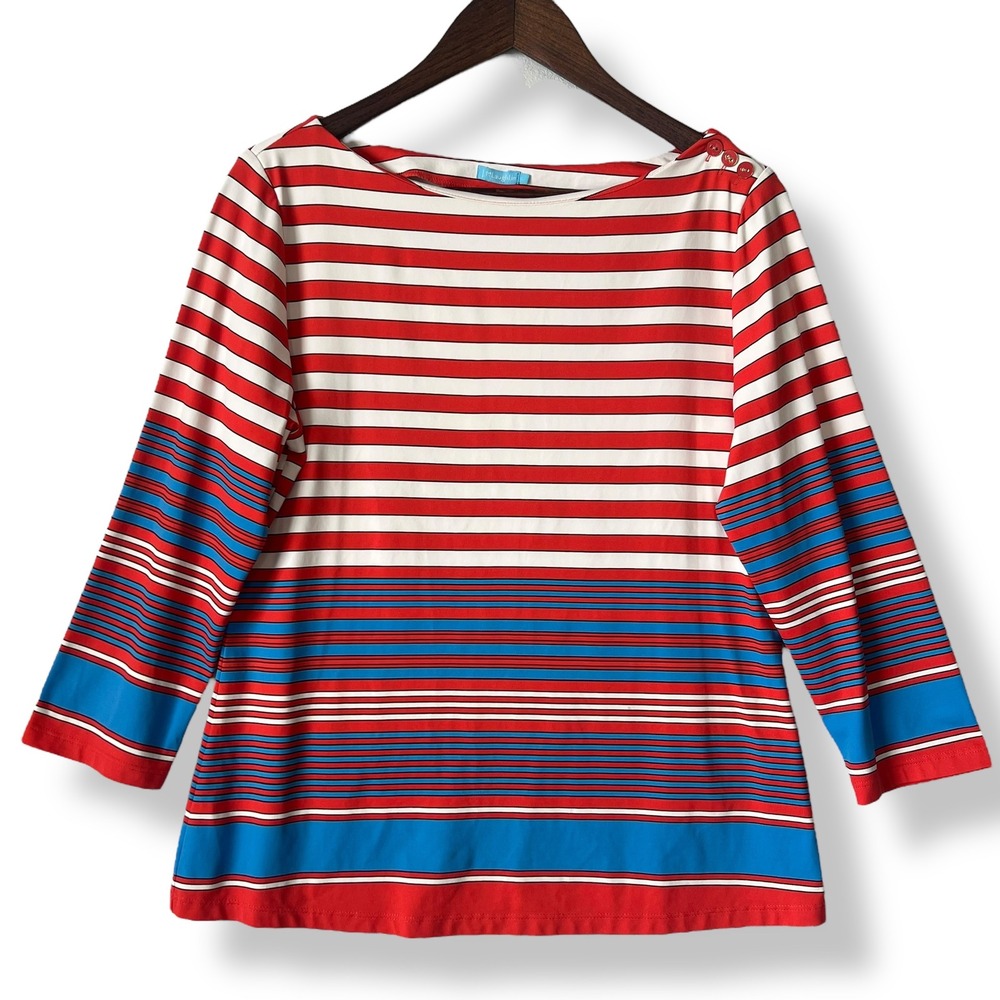 J.McLaughlin Catalina Cloth Blouse L Red White Blue Striped Boatneck Nautical